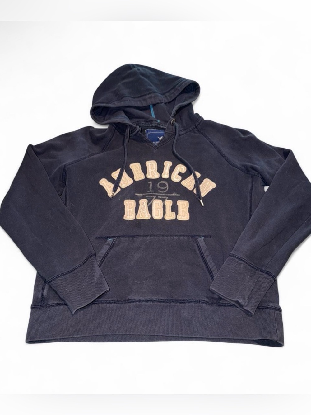 American Eagle Outfitters Navy Hoodie with Tan Lettering